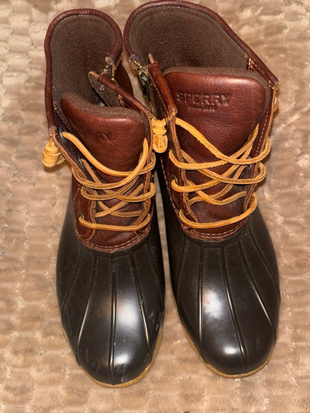 Sperry Brown Leather and Black Rubber Duck Boots with Tan Laces